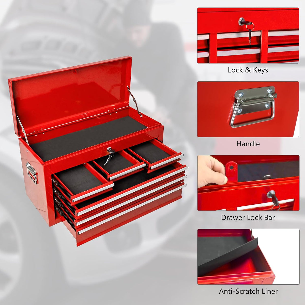 8-Drawer Tool Chest,Rolling Tool Box with Detachable Top Toolbox & Key Lock,Tool Cabinet with Universal Lockable Wheels,Lock Bar,Protective Liner,Metal Storage Cart for Garage,Workshop (Red)