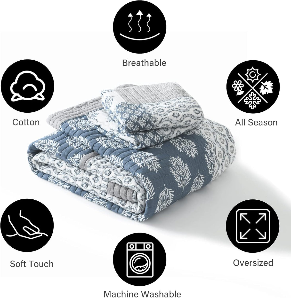 PANGUSHAN Quilt Set Queen Size, 100% Cotton Bedspread Quilt Bedding Set, Patchwork Reversible Floral Quilt for Queen Bed, Blue/Grey/White Bed Spread, Lightweight Comforter for All Season, 3 Pieces