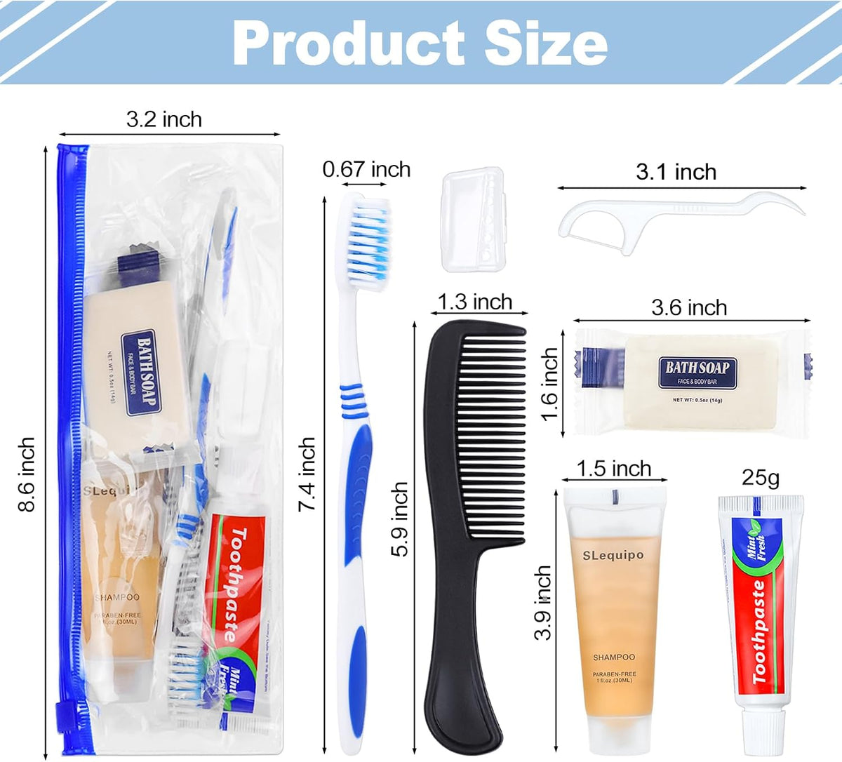 Pack of 100 Hygiene Kit, Hygiene Kit Bulk, Individually Packed, Travel Hygiene Kit with Toothbrush, Toothpaste, Comb, Shampoo, Soap and Floss Picks, Home, Suitable for Hotel, Camping, Travel