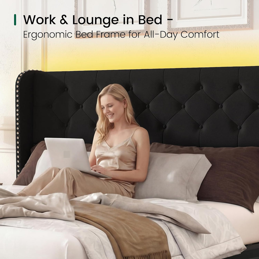 LARMACE Queen Size Bed Frame with LED Lights and 4 Storage Drawers Velvet Upholstered Platform Bed Frame with 47.2' Tall Tufted Headboard Wingback, No Box Spring Needed, Easy to Assemble, Black