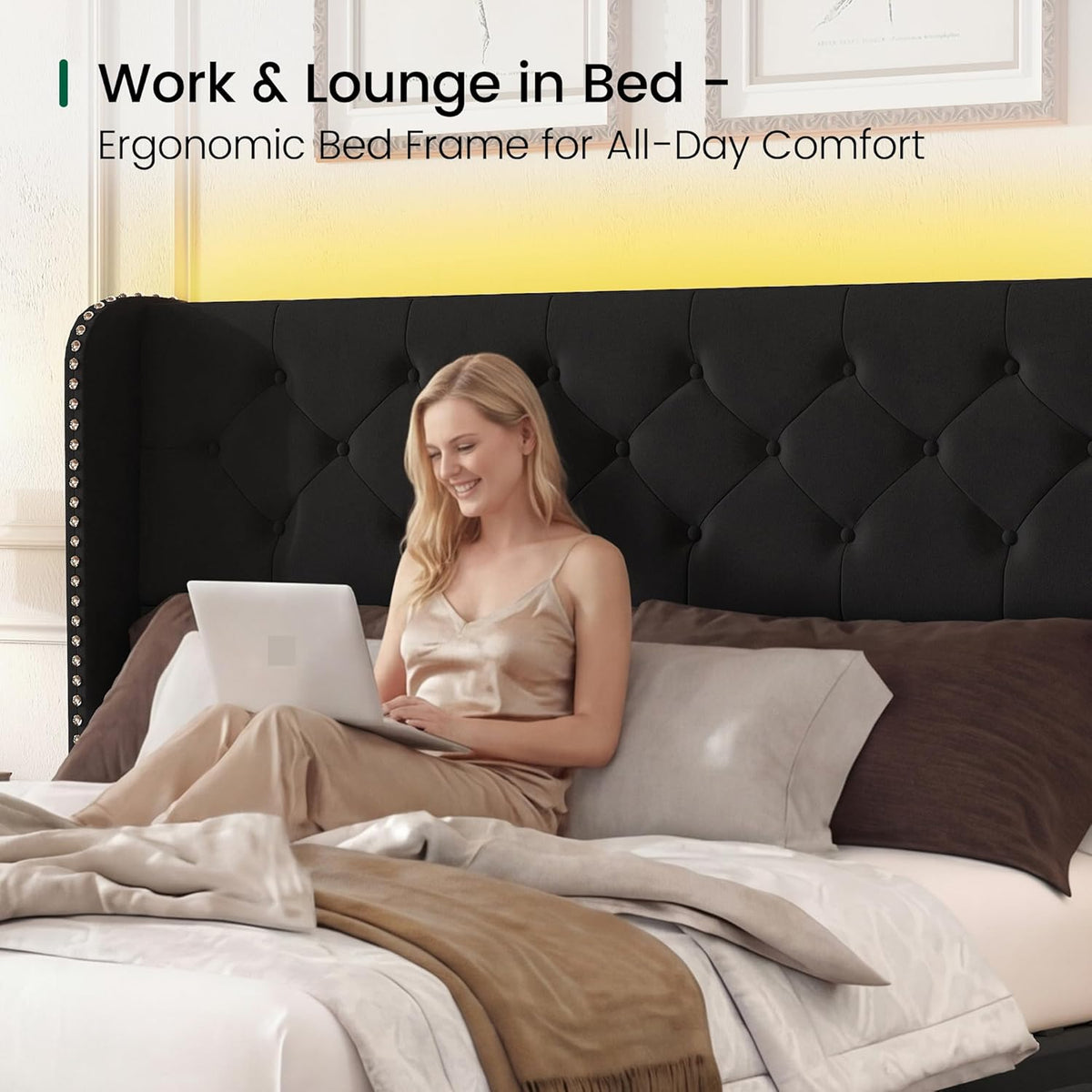 LARMACE Queen Size Bed Frame with LED Lights and 4 Storage Drawers Velvet Upholstered Platform Bed Frame with 47.2' Tall Tufted Headboard Wingback, No Box Spring Needed, Easy to Assemble, Black