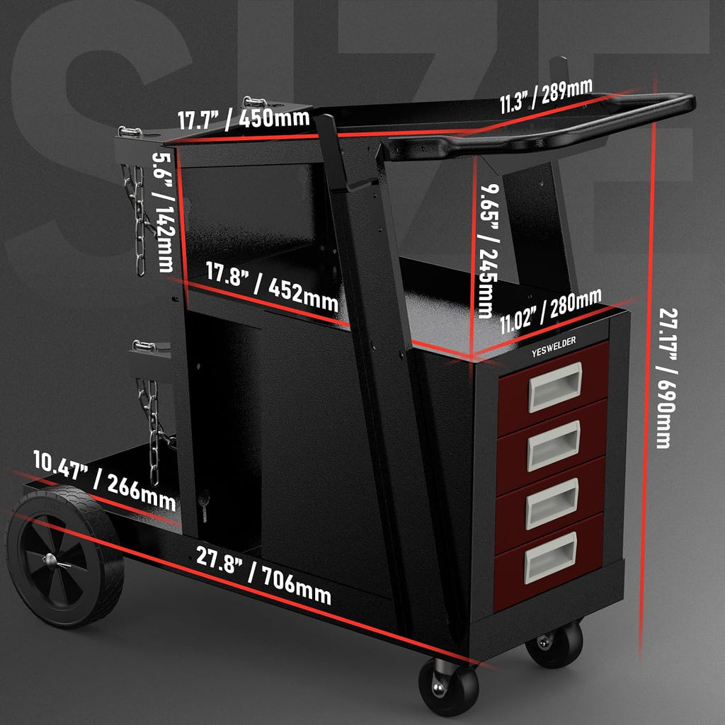 YESWELDER Welding Cart with 4 Drawers for MIG Welder TIG Welder and Plasma Cutter, Black&Red Version Heavy Duty Large Storage 360° Rolling Welding Trolley