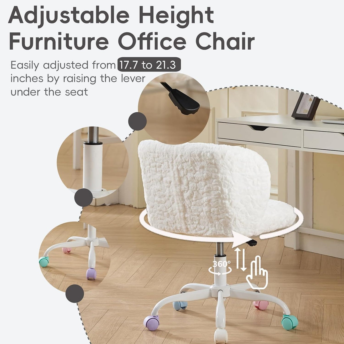 Faux Fur Vanity Desk Chair with White Metal Base – Adjustable Swivel Rolling Office Chair with Wheels, Comfy Makeup Chair for Bedroom, Study, Girls' Room, Home Office & Task Use, Ivory