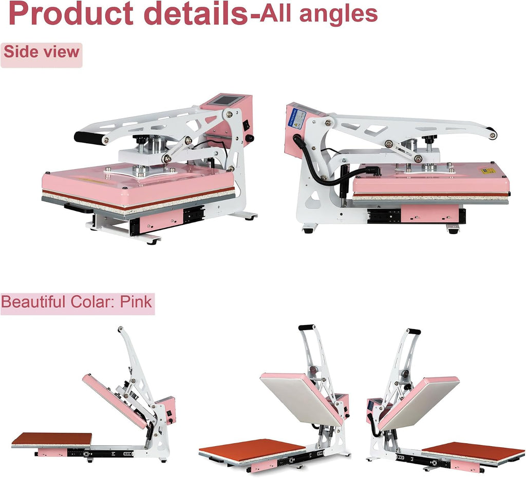 13' x 18' Semi-Auto Heat Press Machine for T-Shirts, Auto Open&Slide-Out Base, Clamshell Pull Out Lower Platen, 1200W Digital Sublimation Printer, Vinyl, DIY & Small Business (Pink, W13*L18)
