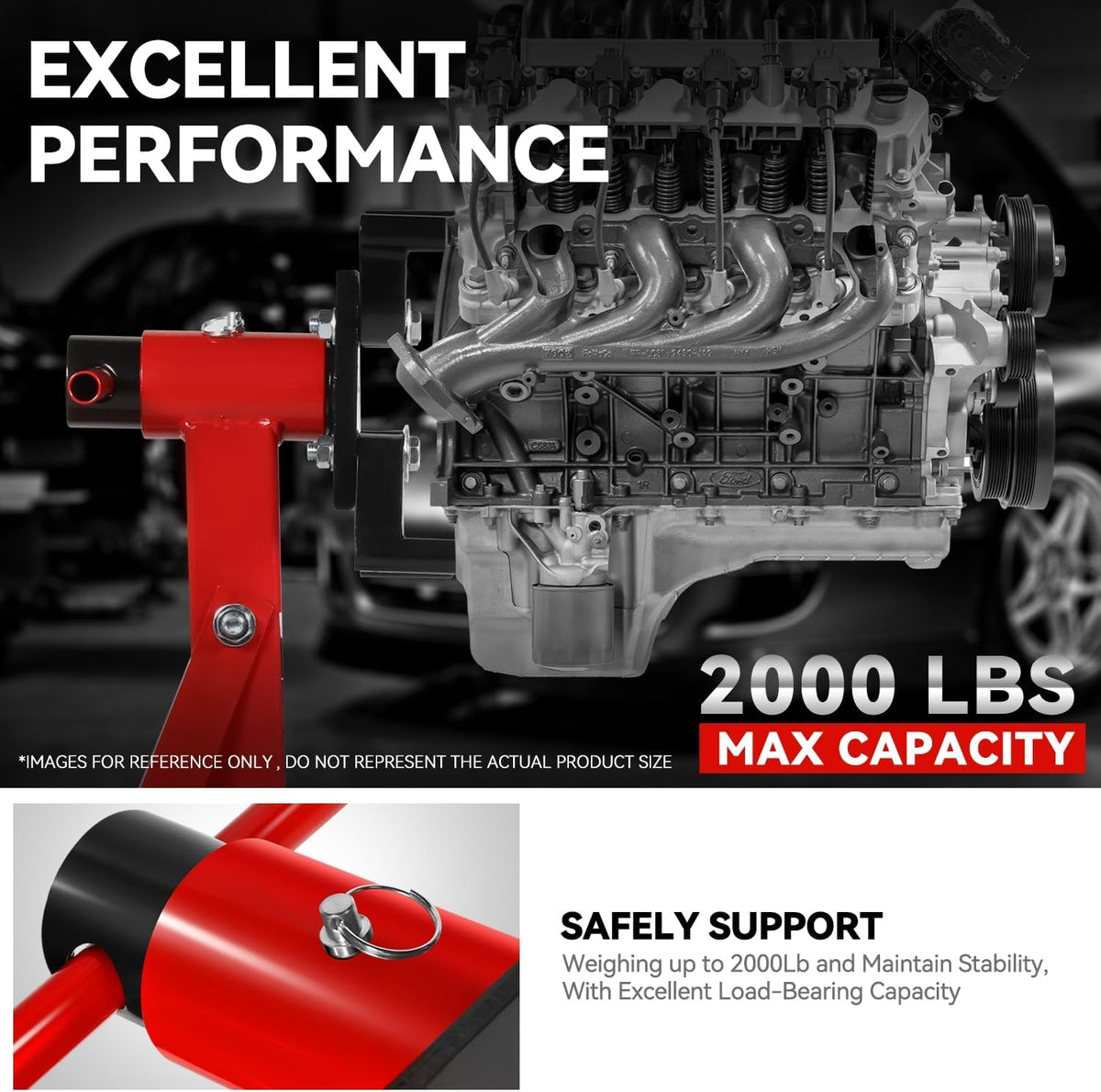 Auto Dynasty Foldable Engine Stand 2000Lb Capacity 360 Degree Adjustable Head Mobility with 4 Adjustable 6 Caster Wheels Arms for Garage, Auto Repair, Red