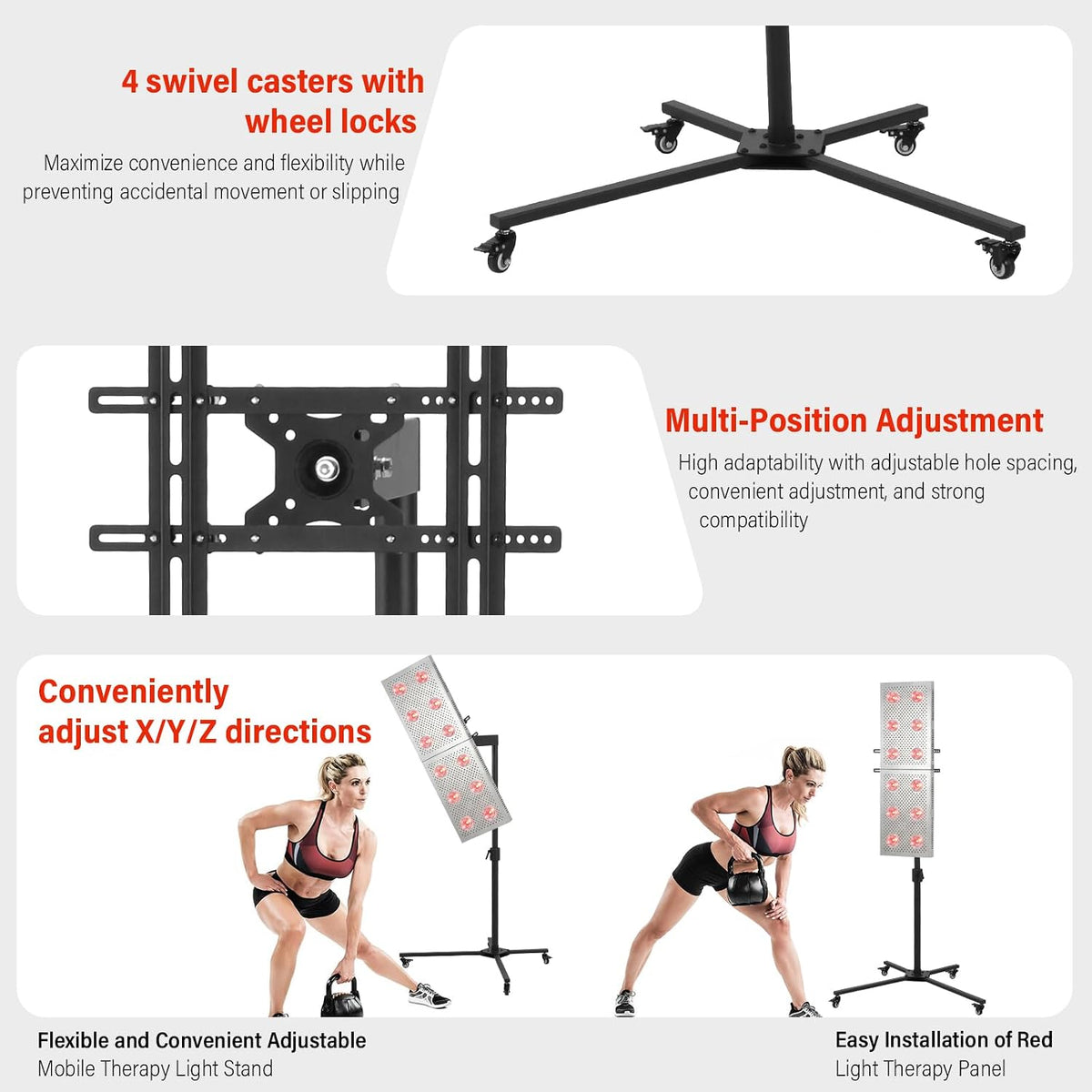 Universal Red Light Therapy Stand, Adjustable Height & 360° Mobile Hanging Bracket with Wheel Locks, 44 lbs Load Capacity LED Near Infrared Panel Holder for Home, Spa & Commercial Use