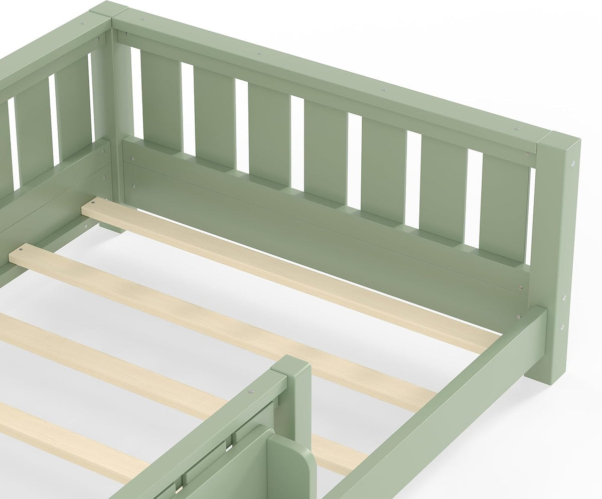 Bellemave Twin Floor Bed with Rails and Slats, Twin Size Montessori Floor Bed with Bookshelf and Fence, Easy Assemble Montessori Beds Frame for Girls, Boys, Avocado Green