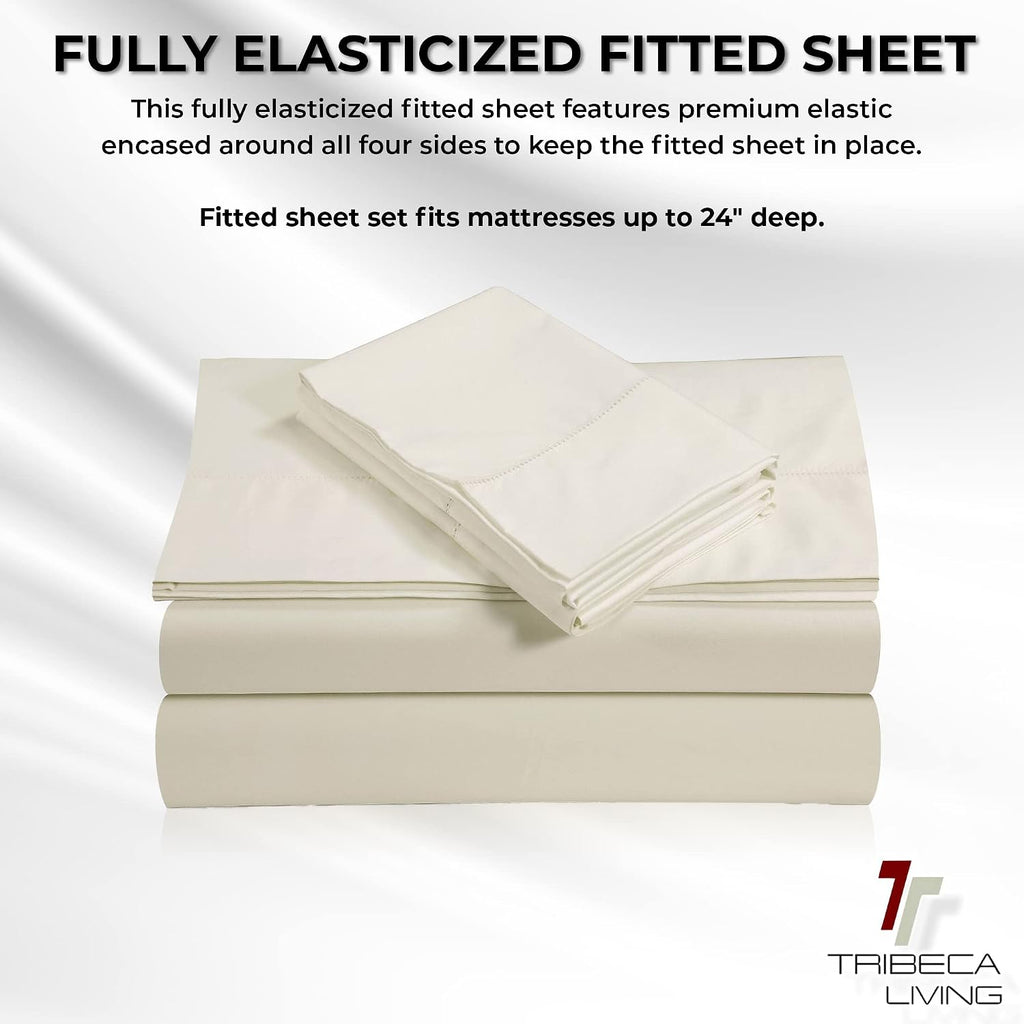 Tribeca Living Queen Bed Sheet Set, Soft Egyptian Cotton Sateen Solid Sheets and Pillowcase Set, Extra Deep Pocket, 800 Thread Count, 4-Piece Luxury Bedding, Ivory