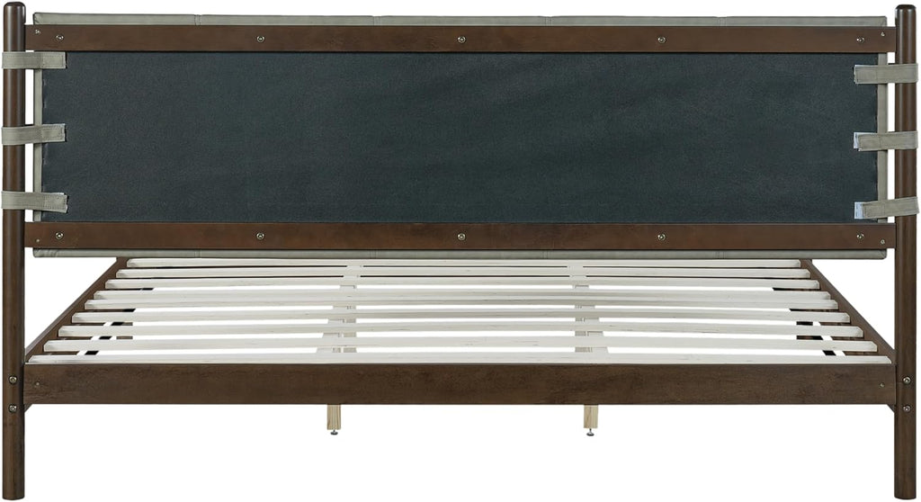 King Bedroom Set, King Size Platform Bed Frame with 2 Bedside Tables and Headboard Included, Mid Century Modern Wood Bed Frames, Slat Support (Light Gray + Walnut, King)