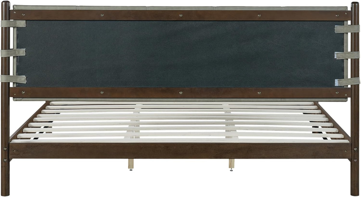 King Bedroom Set, King Size Platform Bed Frame with 2 Bedside Tables and Headboard Included, Mid Century Modern Wood Bed Frames, Slat Support (Light Gray + Walnut, King)