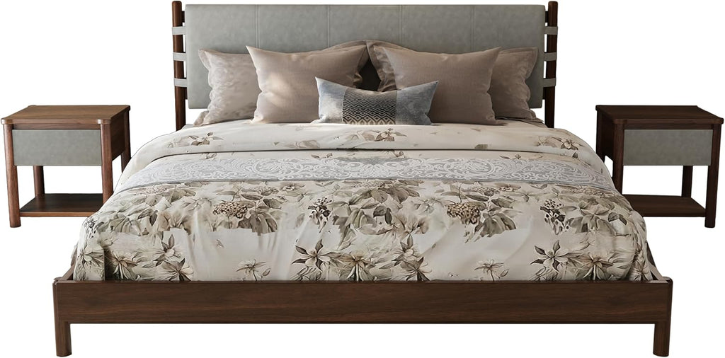 Queen Bedroom Set, Queen Size Platform Bed Frame with 2 Bedside Tables and Headboard Included, Mid Century Modern Wood Bed Frames, Slat Support (Light Gray + Walnut, Queen)
