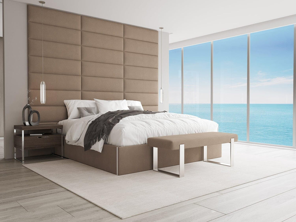 VANT Upholstered Bed Bench - Ribbed Taupe - Brushed Nickel - Contemporary Modern, Bedroom Bench Seat, Hallway, or Entryway