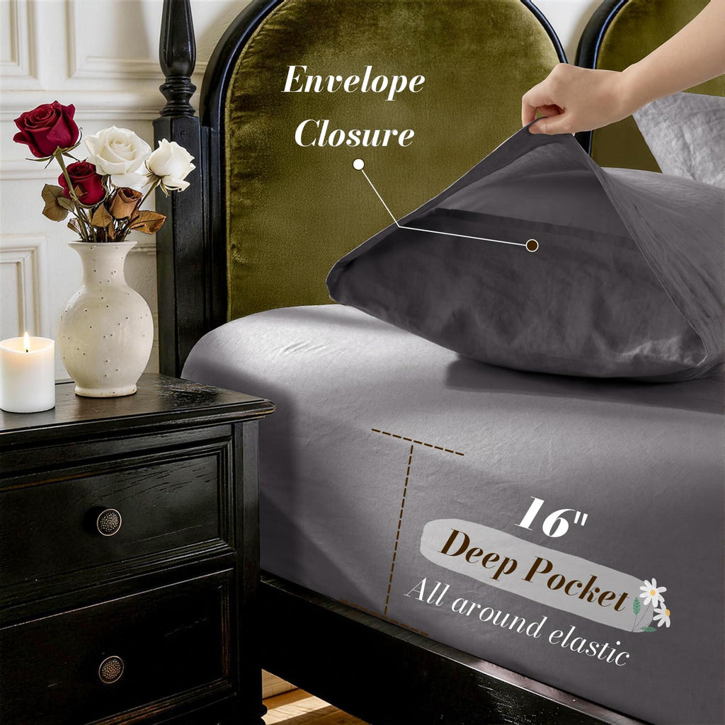 SONORO KATE 100% French Pure Linen Sheets, Breathable and Durable Linen King Size Sheets, Anti-Tear Linen Bed Sheets, Machine Washable, 16 Inch Deep Pocket - 4 Piece (Dark Grey, King)