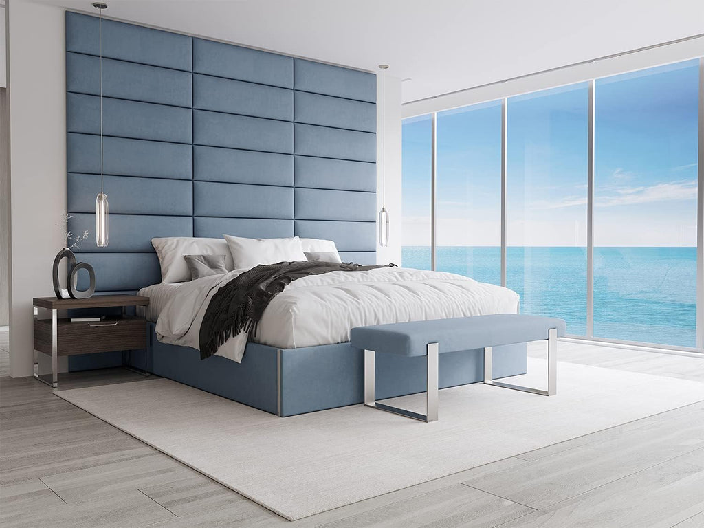 VANT Upholstered Bed Bench - Micro Suede Ocean Blue - Brushed Nickel - Contemporary Modern, Bedroom Bench Seat, Hallway, or Entryway
