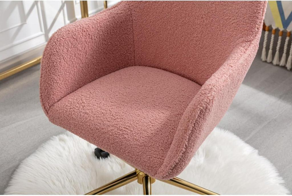 Hassyee Modern Teddy Fabric Material Adjustable Height 360 Revolving Home Office Chair with Gold Metal Legs and Universal Wheel for Indoor (Pink)