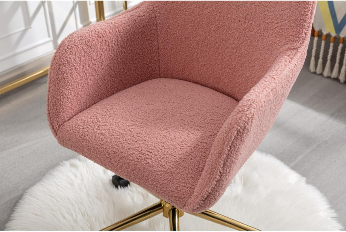 Hassyee Modern Teddy Fabric Material Adjustable Height 360 Revolving Home Office Chair with Gold Metal Legs and Universal Wheel for Indoor (Pink)