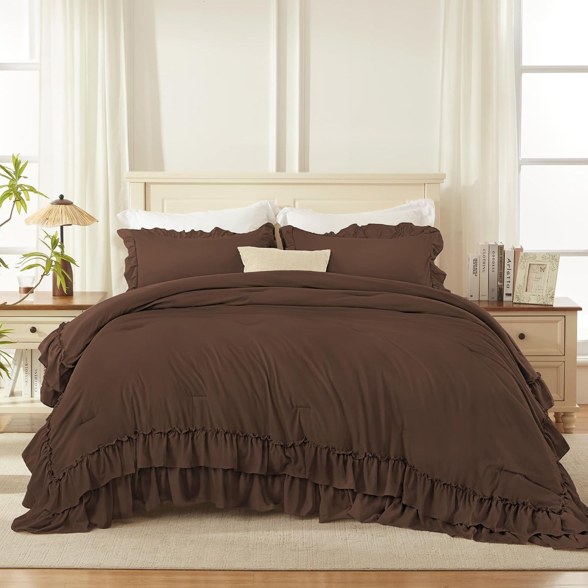 Andency Brown Super King Plus Comforter Set (128x120Inch), 3 Pieces Ruffle Comforter Set with 2 Pillowcases, Farmhouse Shabby Chic Lightweight Fluffy Soft Polyester All Season Bed Set