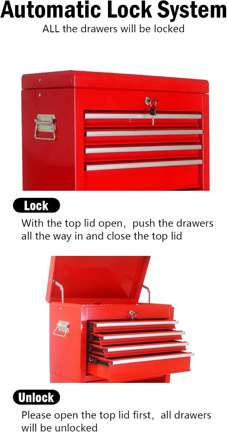 6-Drawer Tool Chest, 3-in-1 Rolling Tool Box with Detachable Top Toolbox & Key Lock,Tool Cabinet with Protective Liner & Universal Lockable Wheels,Metal Storage Cart for Garage,Workshop (Red)