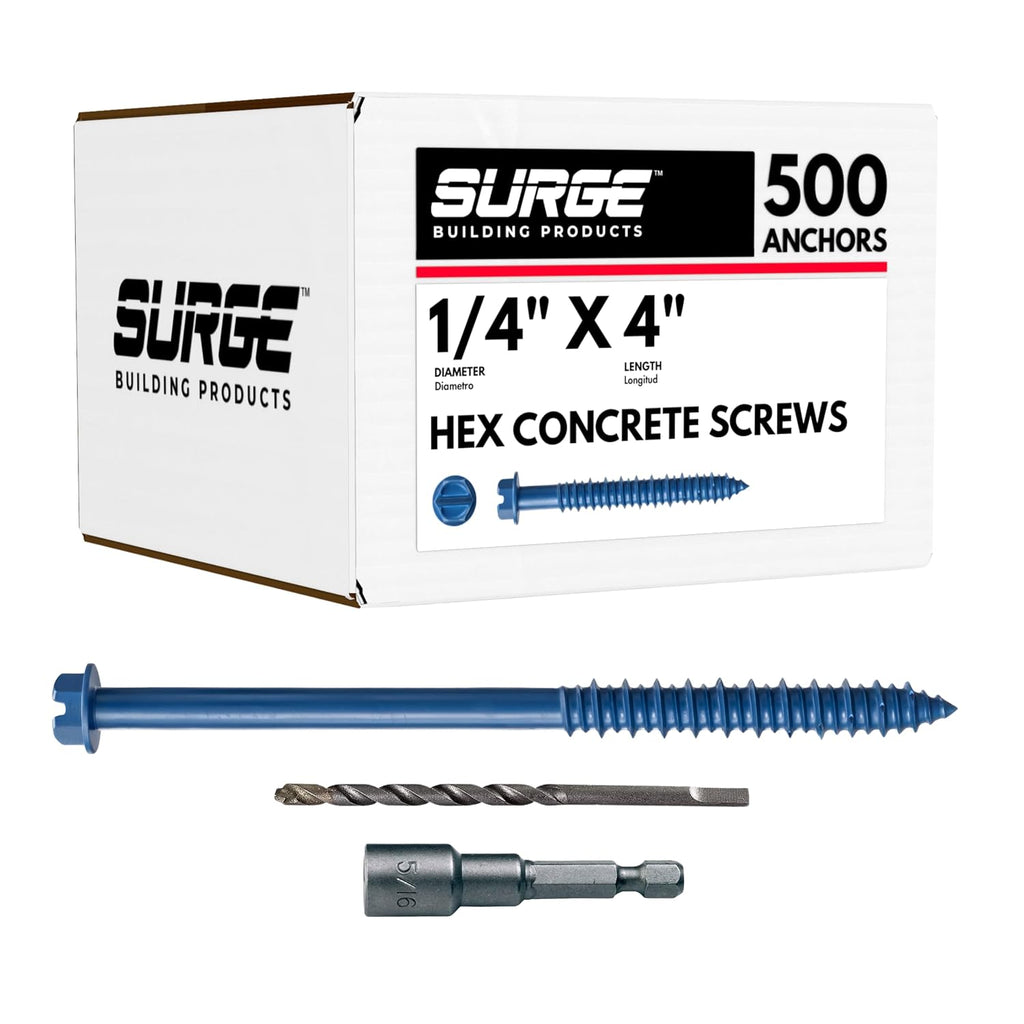 1/4' x 4' Hex Head Blue Concrete Screw Anchor with Drill Bit & Driver (Box of 500) | Masonry Screws for Concrete, Block, and Brick