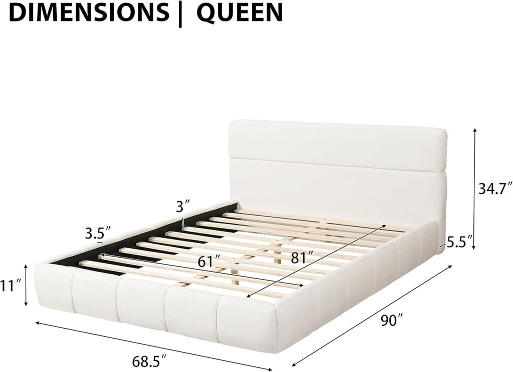 JIJIWANG Queen Size Upholstered Platform Bed Frame with Soft Boucle Fabric Headboard, Wooden Slats Support, No Box Spring Needed,Easy Assembly, White