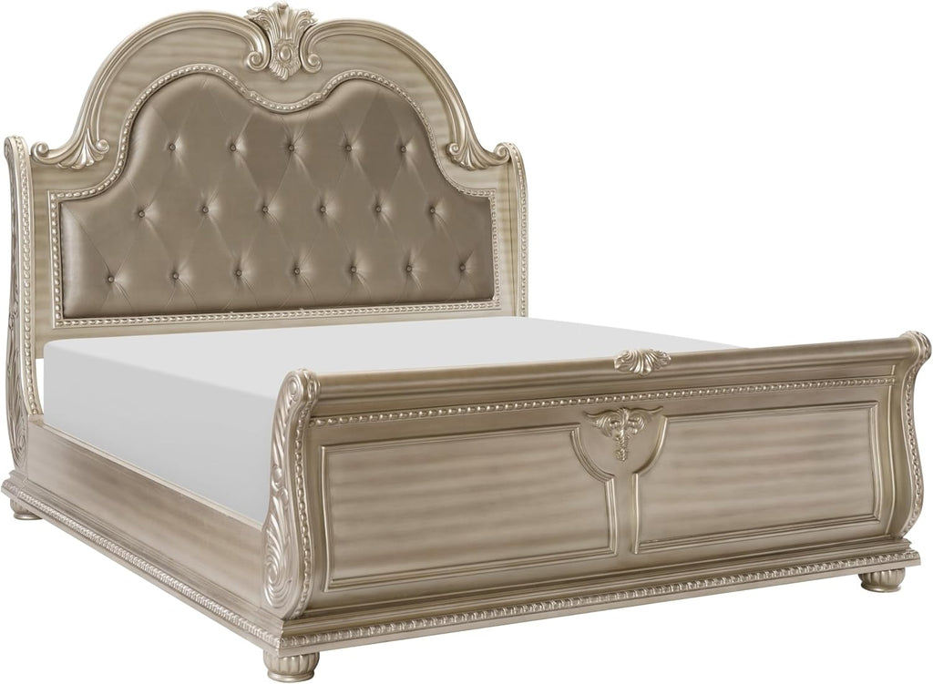 Classic Traditional Bedroom 4pc Set King Size Upholstered Bed Silver Finish Marble Top Formal Wooden Furniture