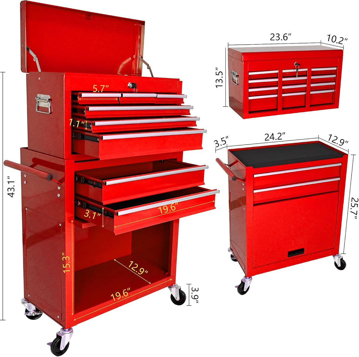 8-Drawer Tool Chest,Rolling Tool Box with Detachable Top Toolbox & Key Lock,Tool Cabinet with Universal Lockable Wheels,Lock Bar,Protective Liner,Metal Storage Cart for Garage,Workshop (Red)