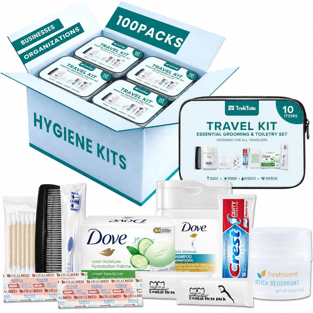 Stuhrling Bottle TrekTote Bulk 10 Piece Hygiene Kit Travel Size Toiletries Kit, Care Package, Mini Deodorant Shampoo Toothbrush Toothpaste, Clear Bag 100 Pack