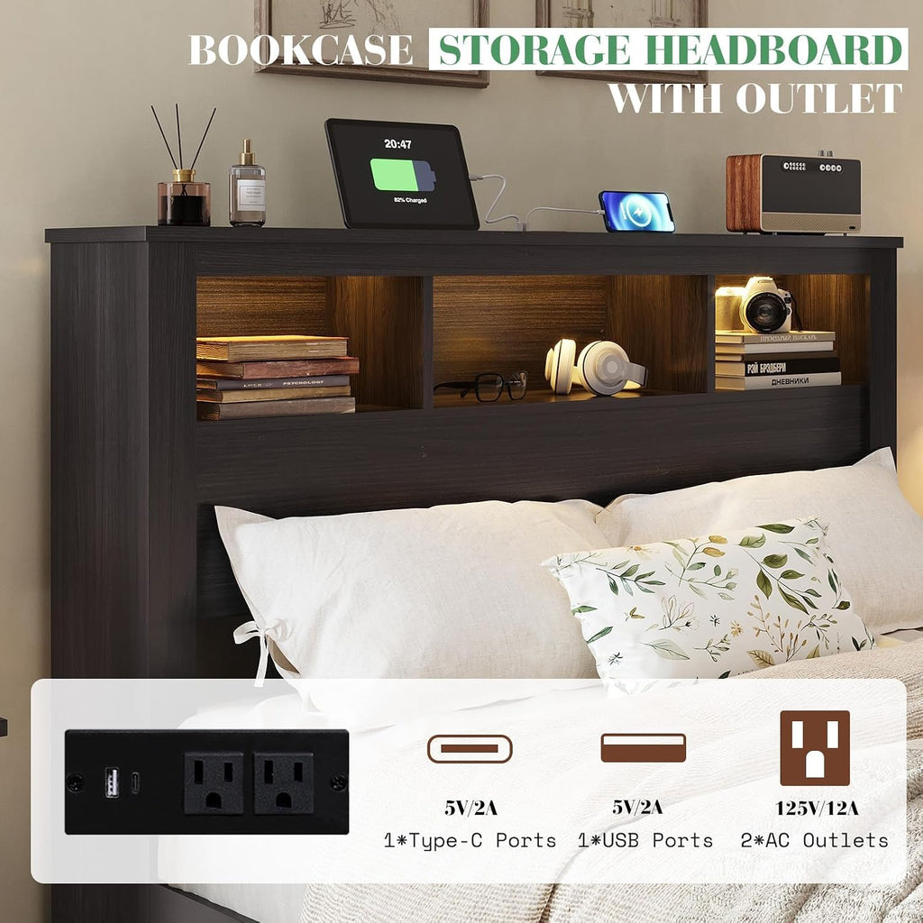 Albott Farmhouse Queen Size Bed Frame with Storage/Bookcase Headboard & Footboard, Wood Platform Bed with LED Lights/Charging Station, Heavy-Duty Metal Support/No Box Spring Needed/Noise-Free, Black