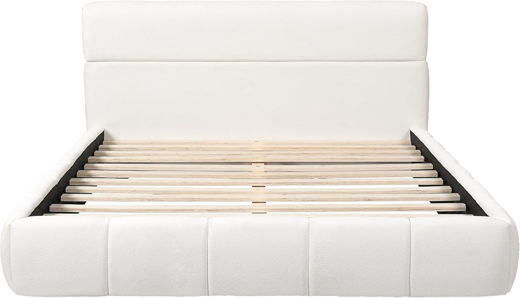 JIJIWANG Queen Size Upholstered Platform Bed Frame with Soft Boucle Fabric Headboard, Wooden Slats Support, No Box Spring Needed,Easy Assembly, White