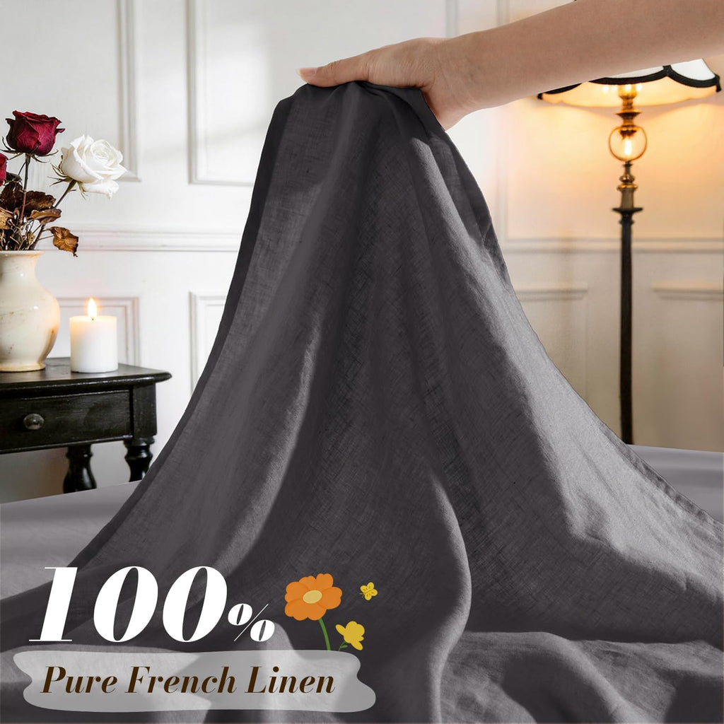 SONORO KATE 100% French Pure Linen Sheets, Breathable and Durable Linen King Size Sheets, Anti-Tear Linen Bed Sheets, Machine Washable, 16 Inch Deep Pocket - 4 Piece (Dark Grey, King)