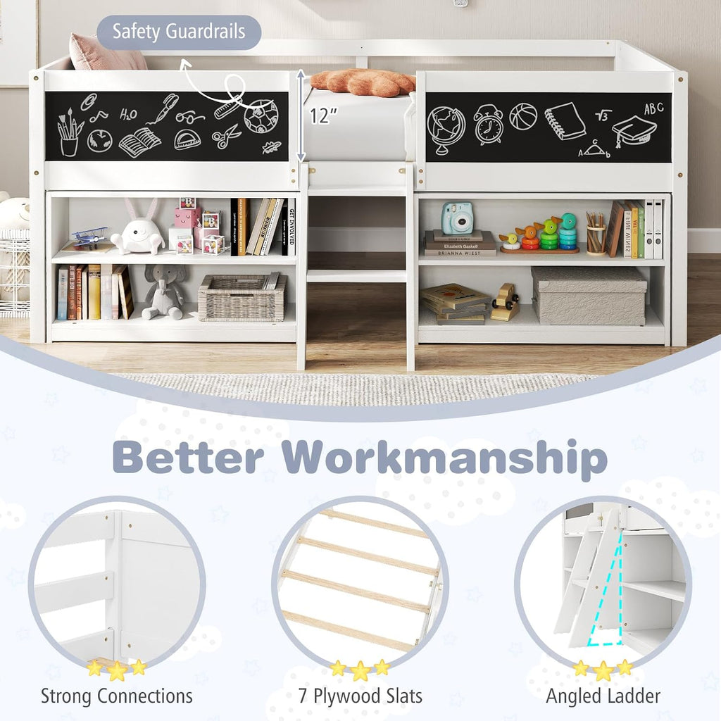 Giantex Low Loft Bed Twin Size, Wooden Loft Bed with Ladder & Blackboard, Twin Bed Frames for Kids with Storage 2 Bookcases and Play Space, White