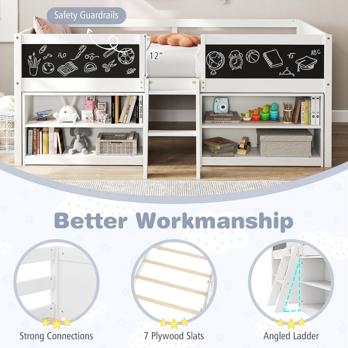 Giantex Low Loft Bed Twin Size, Wooden Loft Bed with Ladder & Blackboard, Twin Bed Frames for Kids with Storage 2 Bookcases and Play Space, White