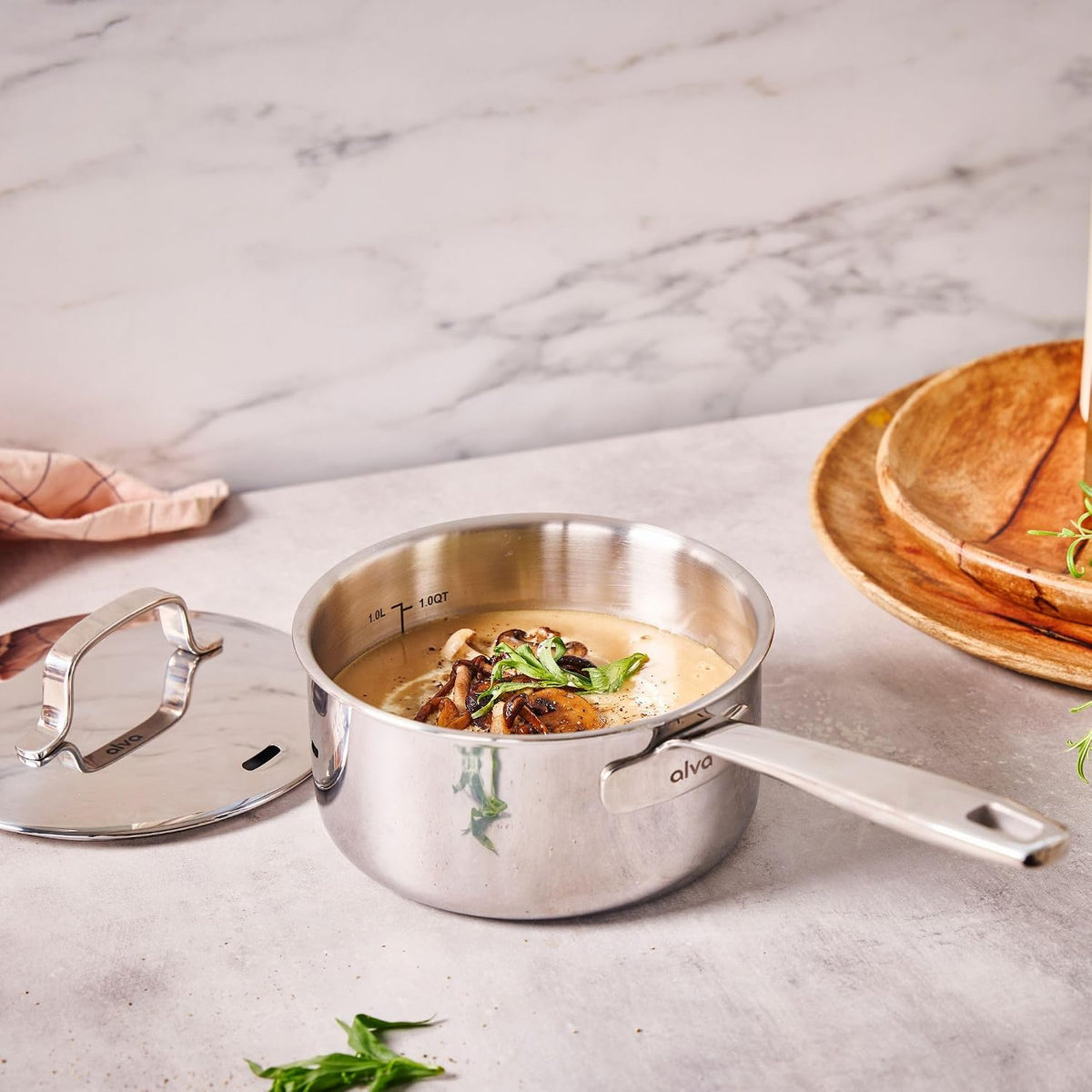 Alva Maestro 1.7 Qt Stainless Steel Saucepan with Lid, Durable Everyday Sauce Pot for Sauces, Grains, Oatmeal & Small-Batch Cooking, Induction Compatible, Oven Safe, Lazered Measurement Marks