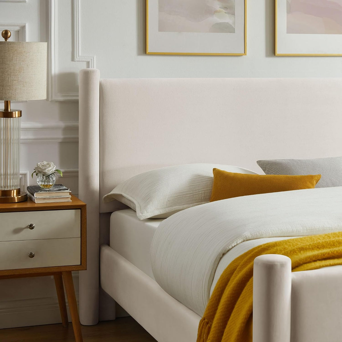 Modway Rael King Platform Bed Frame with Upholstered Headboard and Footboard in Alabaster – Stain-Resistant Performance Velvet King Size Bed with Rounded Posts