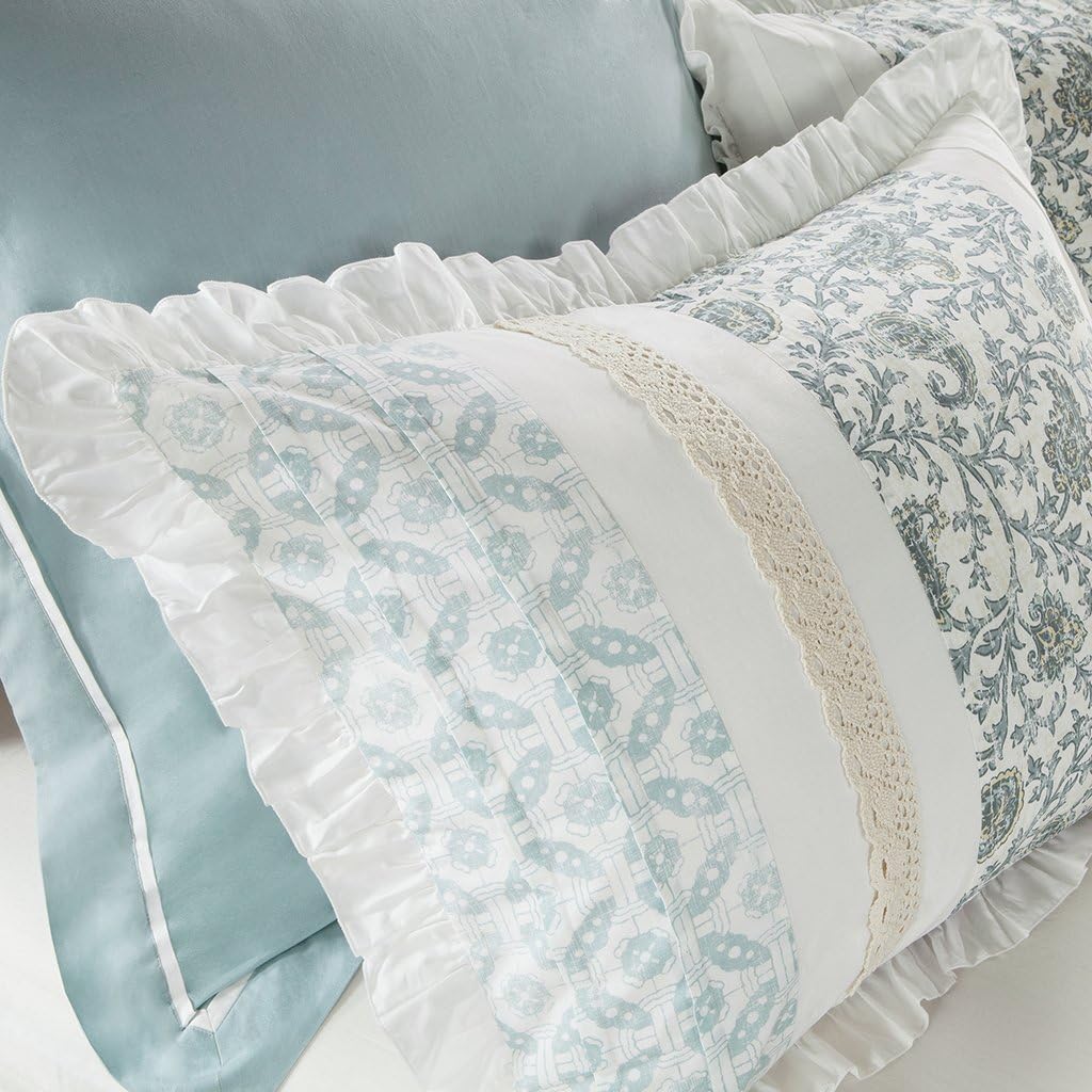 Madison Park Dawn 100% Cotton Duvet Set Floral Shabby Chic Design All Season Bedding, Matching Shams, Percale Light Weight Bed Comforter Covers, Cal King(104'x92'), Blue 9 Piece,Aqua