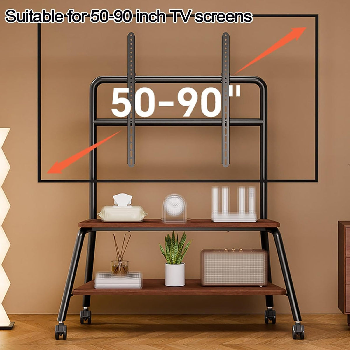 50-90IN Mobile Tv Stand on Wheels Cold-Rolled Steel Monitor Stand Double-Layer Storage Adjustable Height Tv Cart Free Movement Easy Installation for Bedroom, Living Room, Office(White)