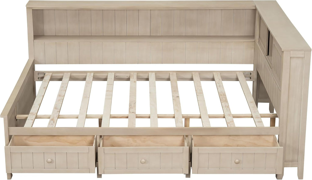 Merax Corner Full Bed Frame with Bookcase Storage, Wood Platform Bed Frame with 3 Drawers, Full Size Daybed with Storage for Living Room,Bedroom,Guest Room, Antique White