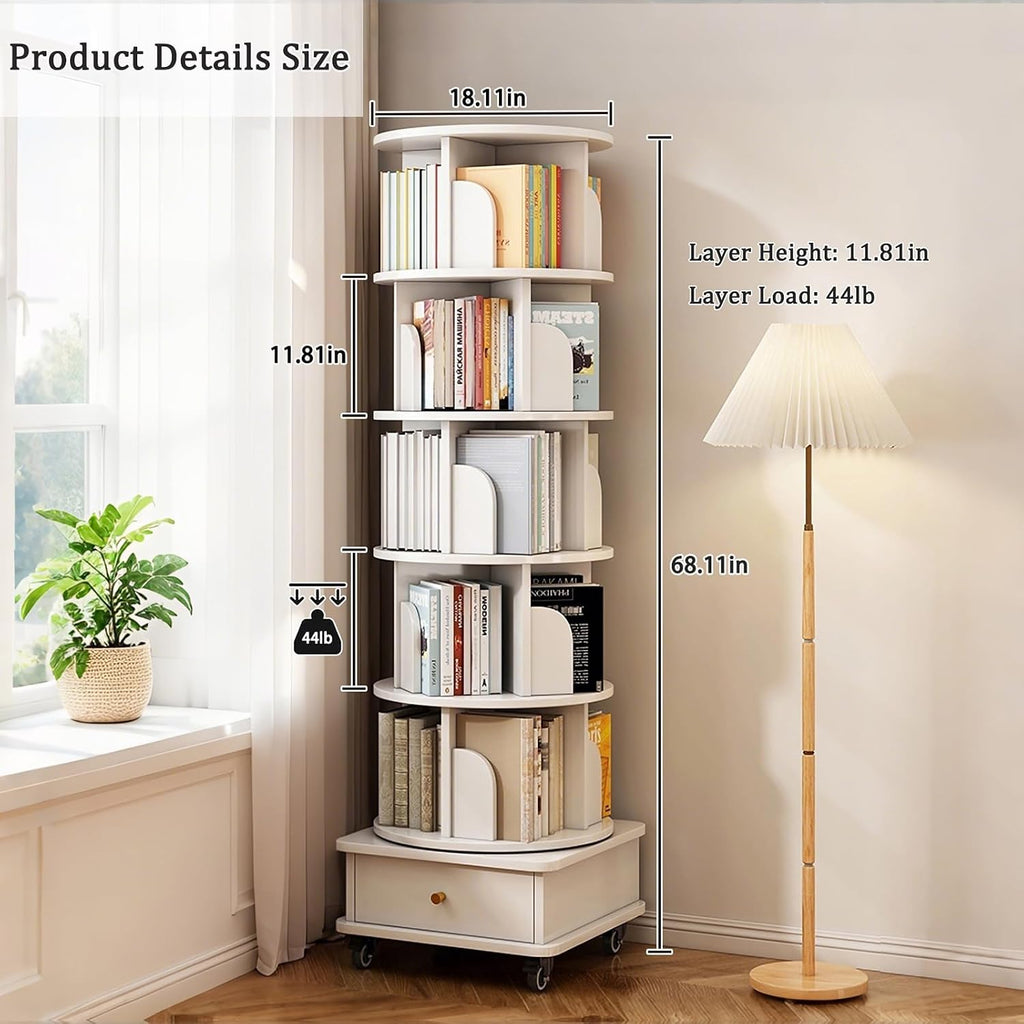 KEIKI 6-Tier Rotating Tower Spinning Bookshelf with 360°Swivel Wheels & Square Storage Drawer Base,Narrow Rolling Bookcase for Small Space,Corner,Bedroom,Office,White