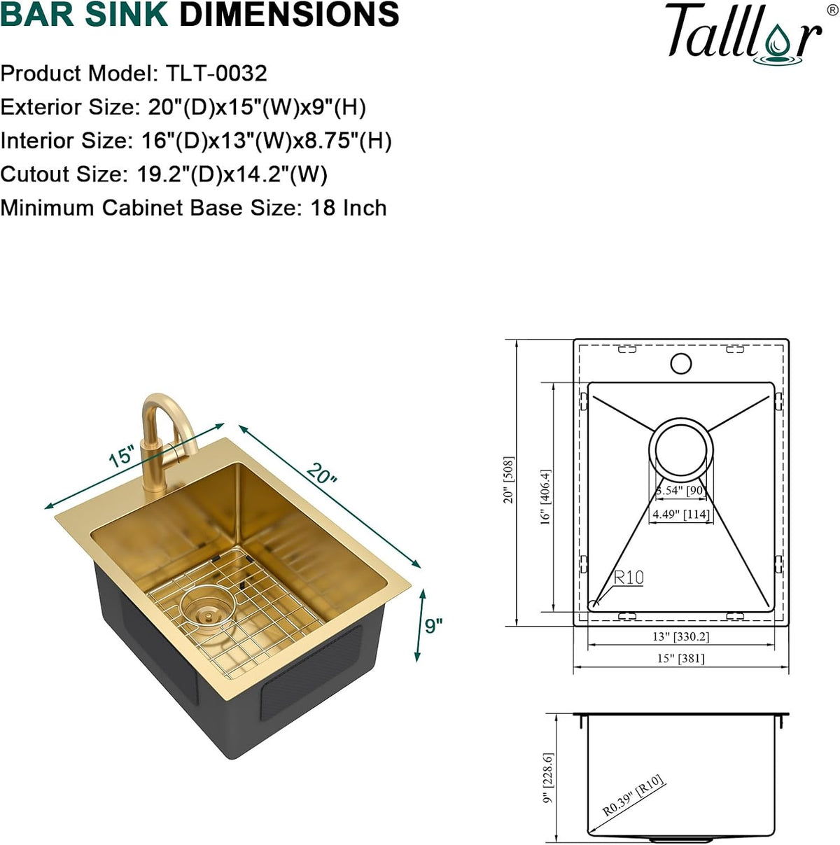 15 x 20 Inch Gold Drop In Bar Sink with Faucet, 16 Gauge 304 Stainless Steel Single Bowl Sink with Gold Finish for Kitchen Bars, RV, and Boat #TLT-0031