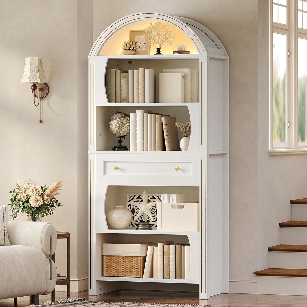 Set of 2 Tall Arched Bookshelf, 6-Tier Book Shelf with LED Lights, 70.3' Farmhouse Bookcase with Open Shelves and Drawer, Freestanding Display Rack, for Living Room, Home Office, White