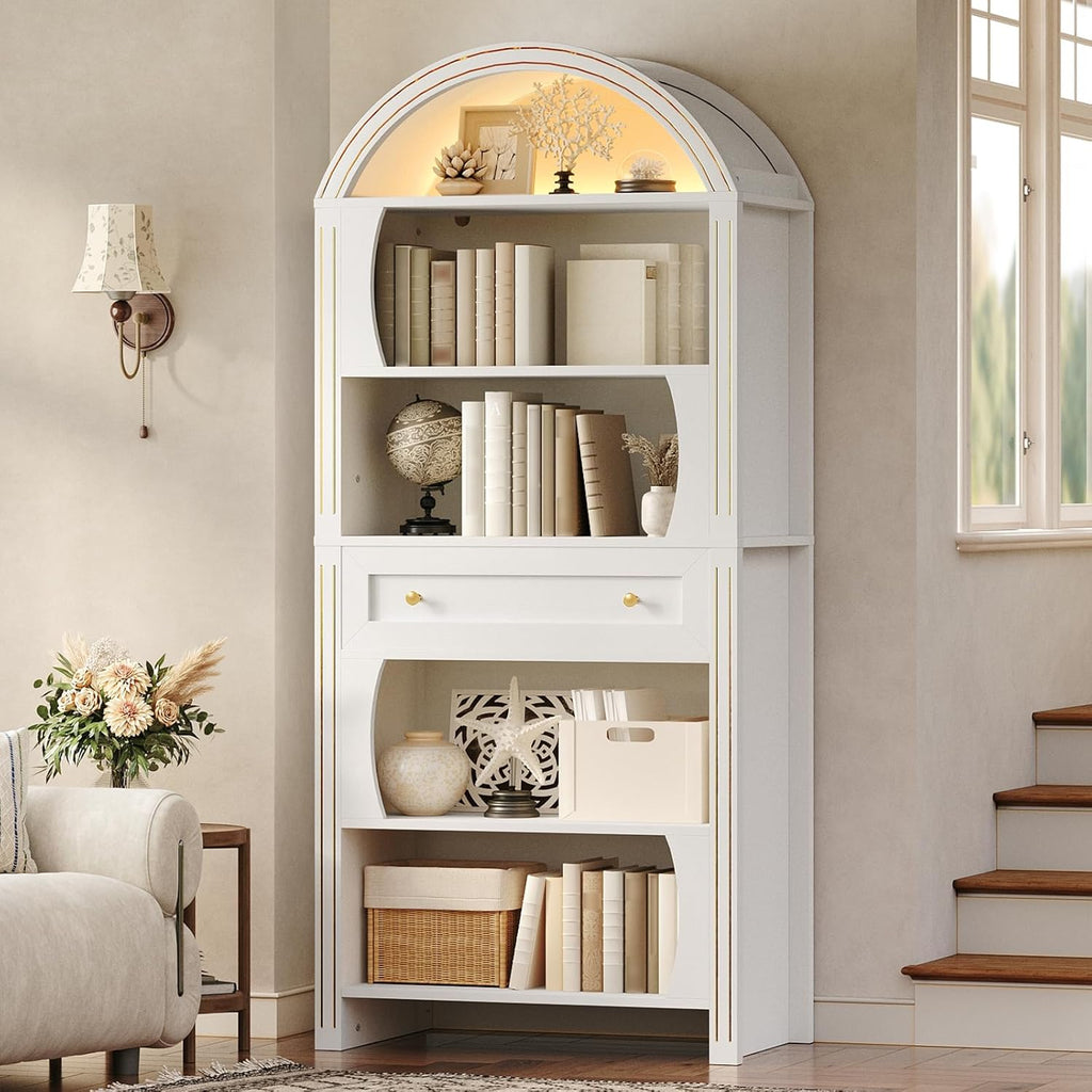 Arched Bookshelf, 70.3' Farmhouse Tall 6-Tier Book Shelf with Drawer, Wooden Bookcase with Open Shelves and LED Lights, Freestanding Display Storage Shelf for Living Room, Home Office, White
