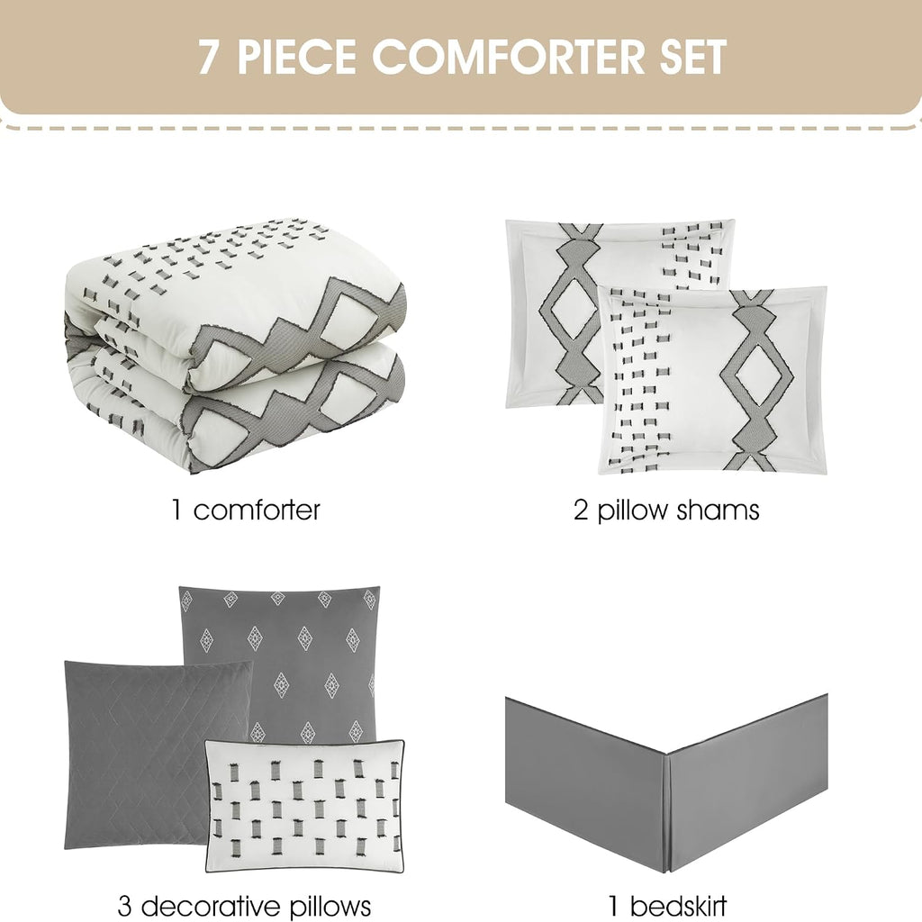 Grand Avenue 7 Piece White Grey Comforter Set, Queen Size Clipped Bedding Set, All Season Geometric Bedding, Matching Pillows, Shams, Bed Skirt