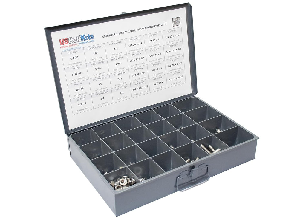 1250 Piece Stainless Steel Hex Head Cap Screw (Bolt), Nut, and Washer Assortment 18-8 Coarse Thread Set