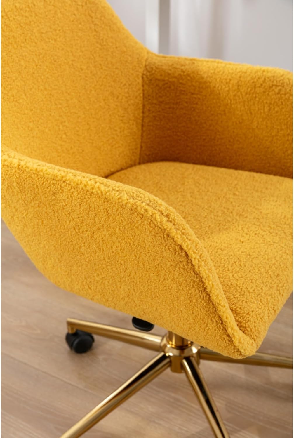 Hassyee Modern Teddy Fabric Material Adjustable Height 360 Revolving Home Office Chair with Gold Metal Legs and Universal Wheel for Indoor (Yellow Teddy)