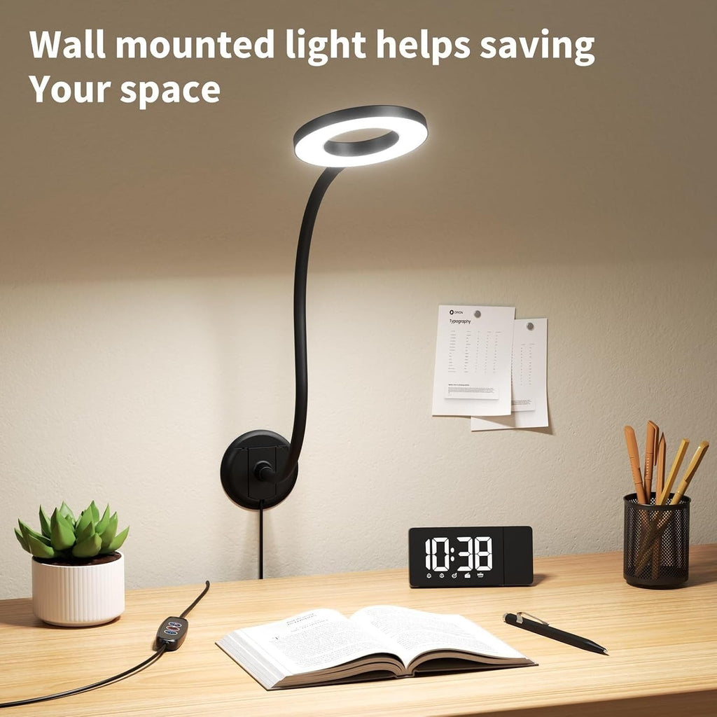 Wall Mounted Lamp, Reading Light for Book in Bed at Night, Shadowless LED Lamp for Workbench Bedroom Bedside Headboard, Eye Care 5 Color & Brightness Adjustable, 360 Flexible Gooseneck, Black