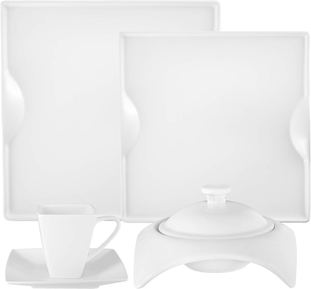 Little White Dish 20 Piece Porcelain Dinnerware Set White Square - Designer Dishware - Dinner Plates, Salad Plates, Soup Bowls, Teacups and Saucers - Service for 4
