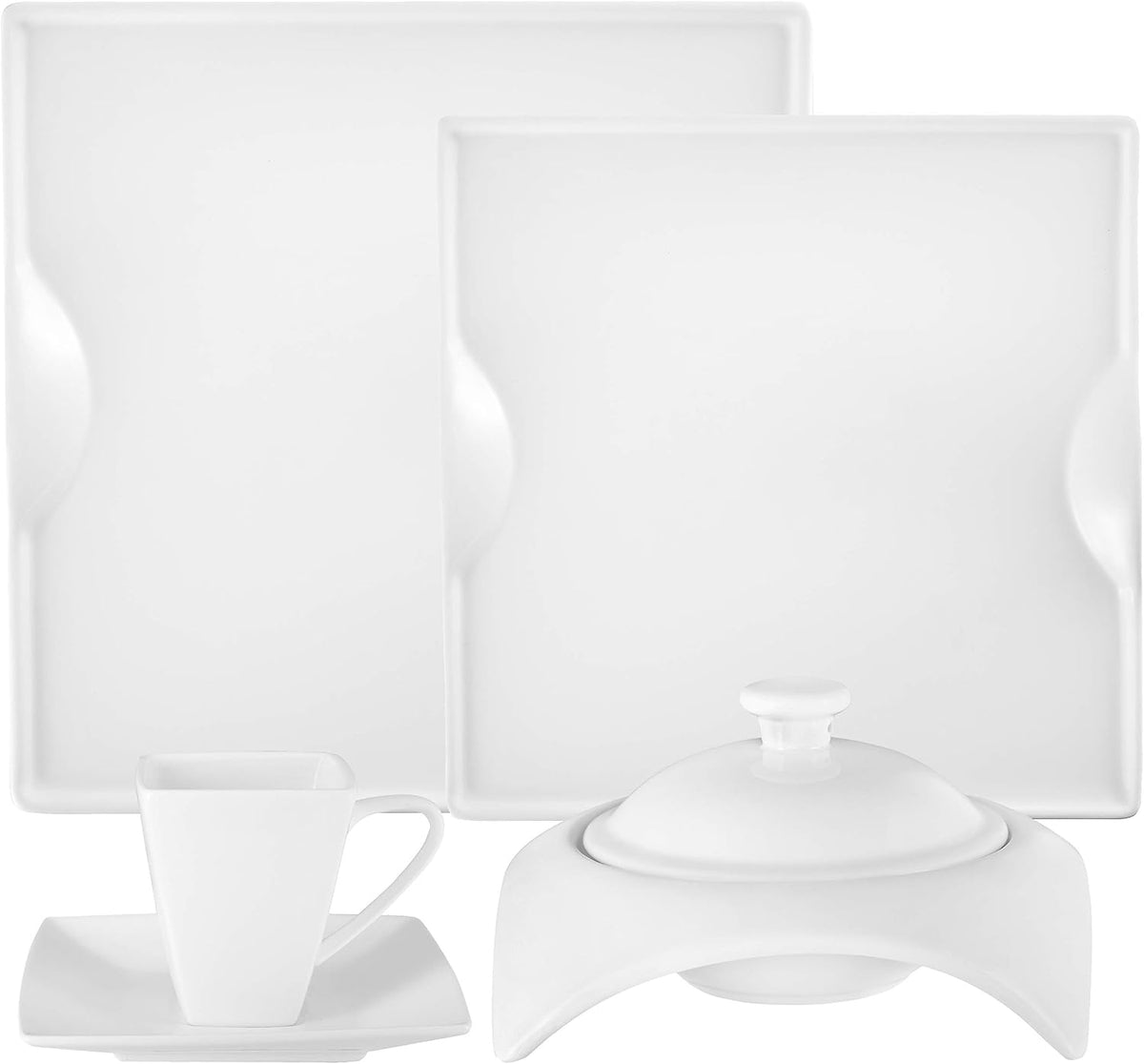 Little White Dish 20 Piece Porcelain Dinnerware Set White Square - Designer Dishware - Dinner Plates, Salad Plates, Soup Bowls, Teacups and Saucers - Service for 4