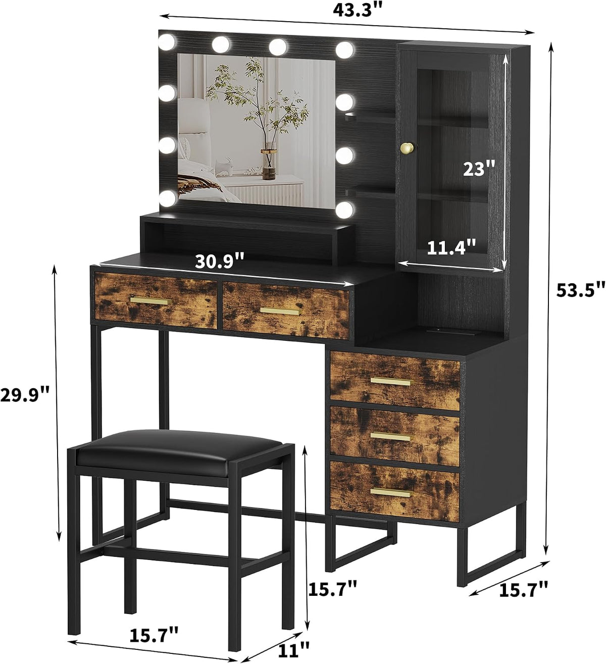 Vanity Desk with Mirror, Makeup Desk Set with 3 Color Lights and Chair, Modern Vanity Table with Drawers and Shevles, Dressing Table with Charging Station for Bedroom, Black