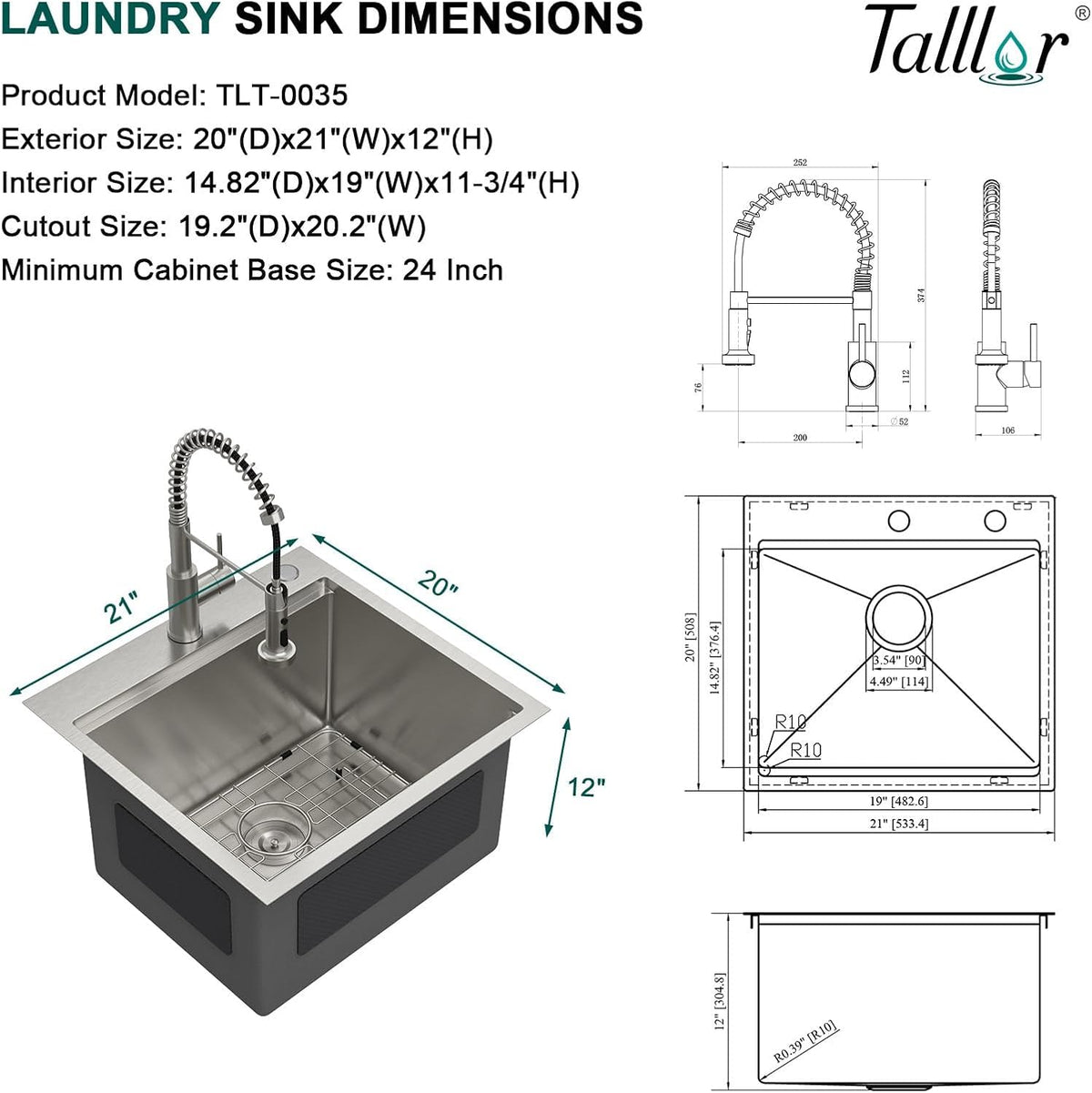 21x20 Drop In Laundry Sink with Faucet, 12' Deep 16 Gauge T-304 Stainless Steel Workstation Single Bowl Utility Sink for Laundry, Garage & Outdoor with All-In One Accessories #TL-FDOE00085