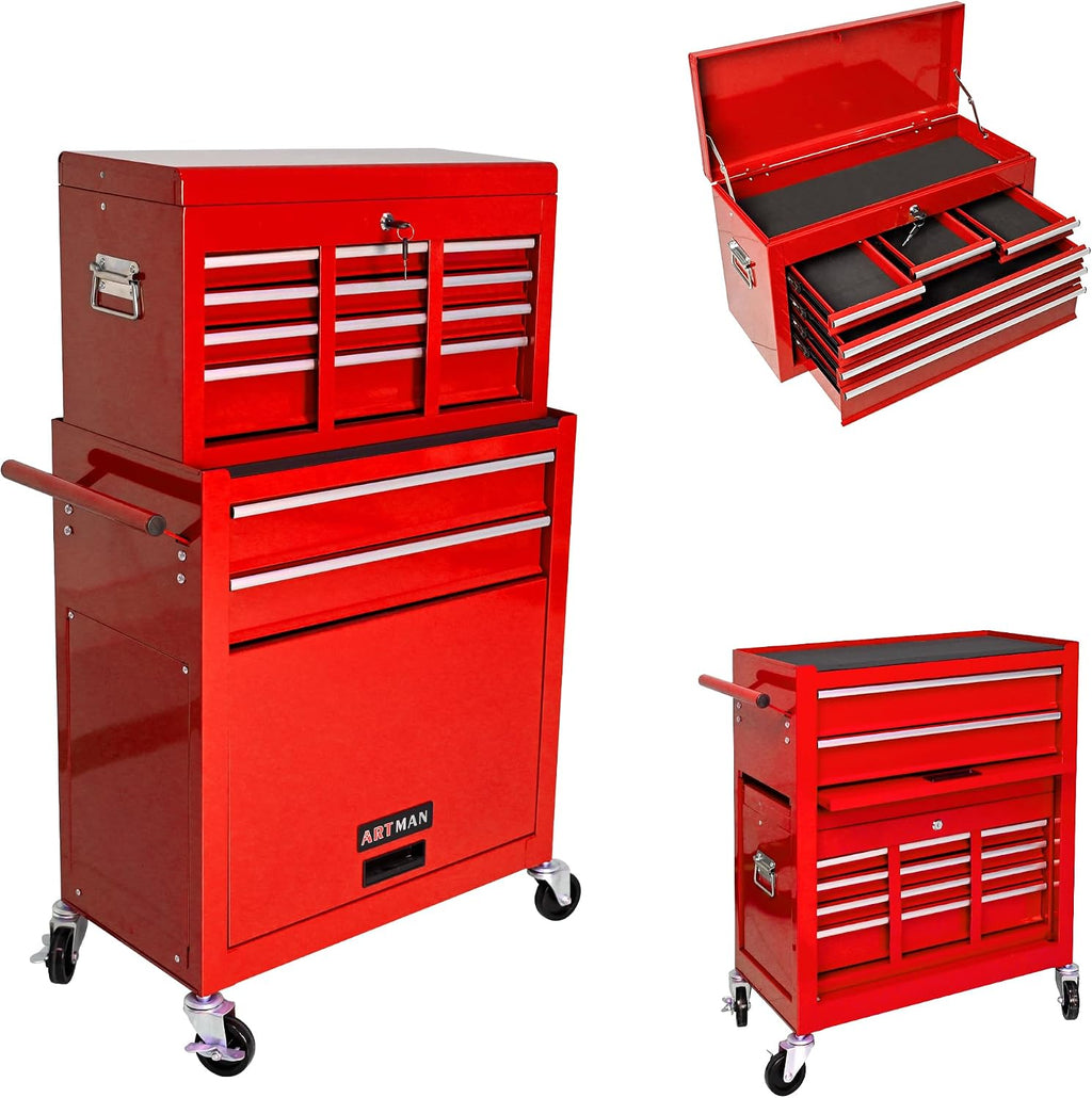 8-Drawer Tool Chest,Rolling Tool Box with Detachable Top Toolbox & Key Lock,Tool Cabinet with Universal Lockable Wheels,Lock Bar,Protective Liner,Metal Storage Cart for Garage,Workshop (Red)